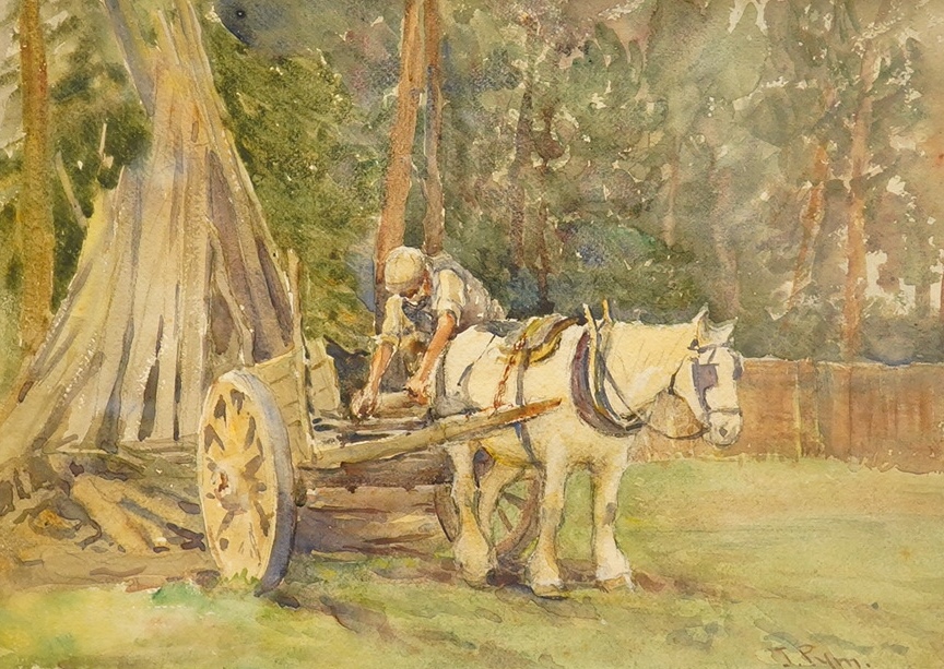 Jessie Pym (Exh.1900-1937), watercolour, Study of a workhorse and cart, signed, 30 x 43cm. Condition - good